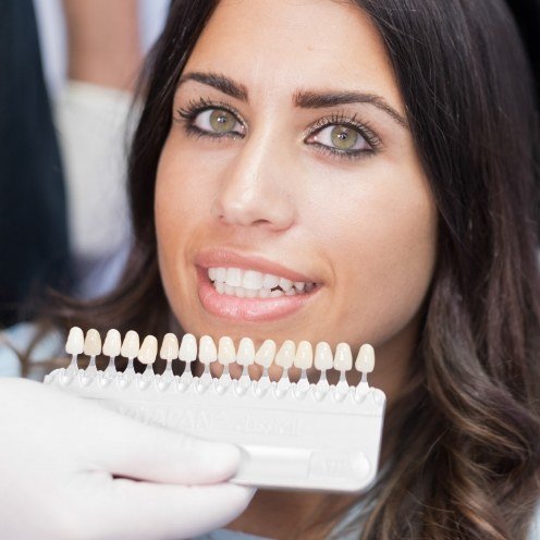 Woman getting dental veneers from cosmetic dentist