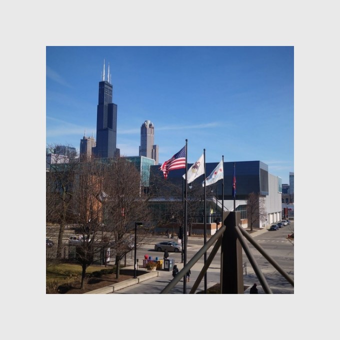 Row of flags with city skyline in background