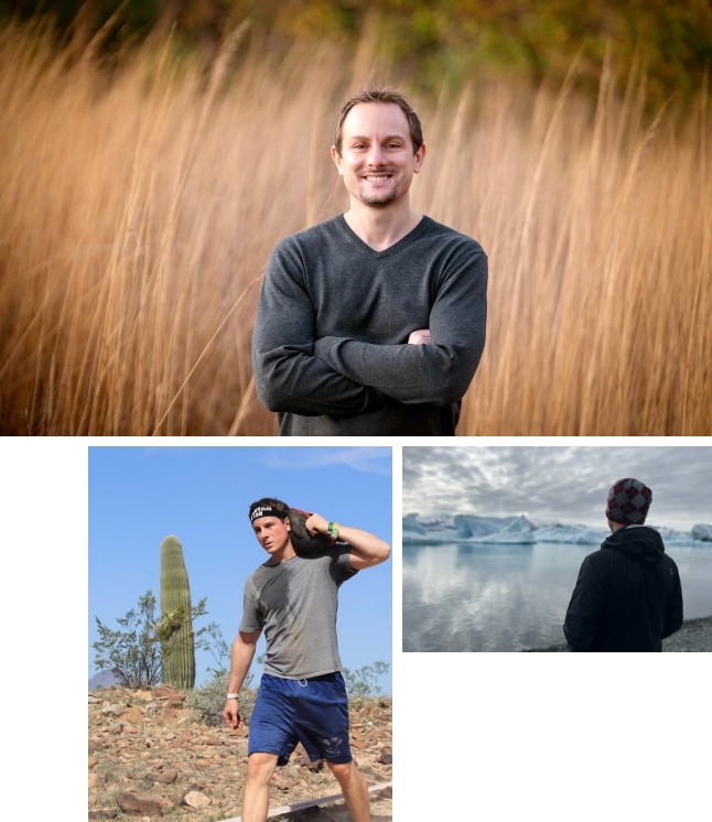 Collage showing Doctor Young next to icy water and working out in desert